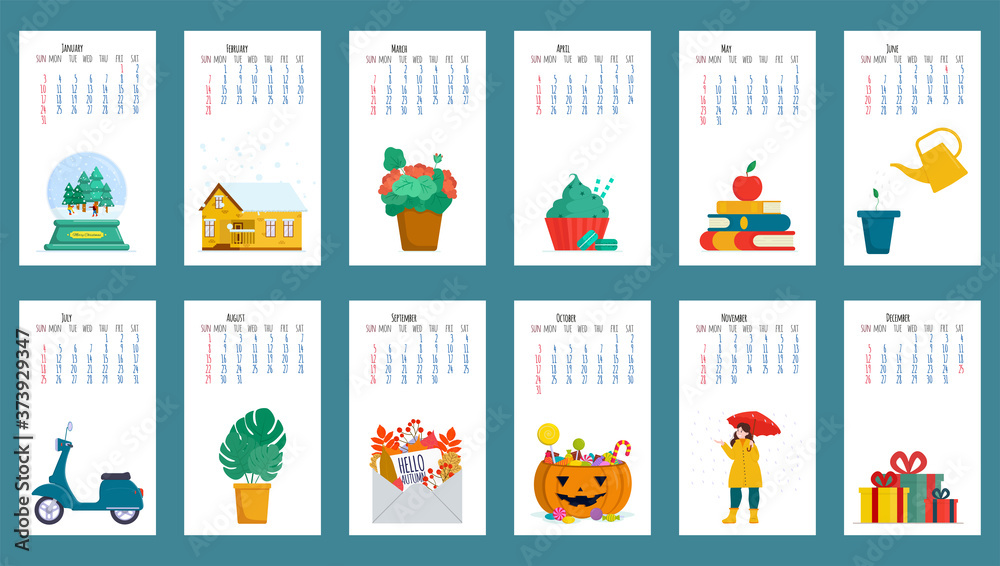 Obraz premium Vector illustration: calendar for 2021. Starts on Sunday.