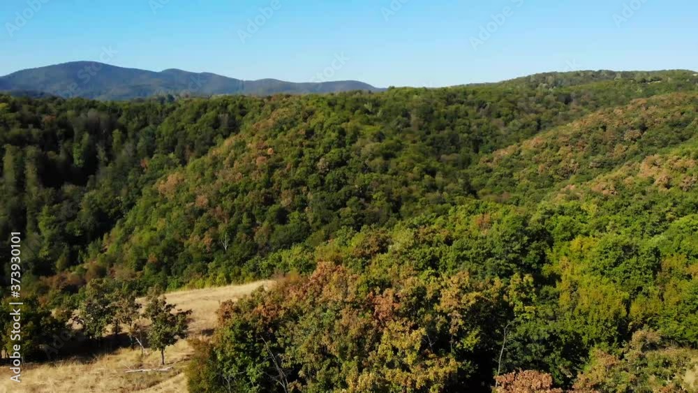 Arial view of Severni Kucaj Mountain in Serbia. Drone flying over the forest. Early autumn mixed forest, green deciduous trees with little yellow leaves. Arial view of Severni Kucaj Mountain in Serbia. Drone flying over the forest. Early autumn mixed forest, green deciduous trees with little yellow leaves.