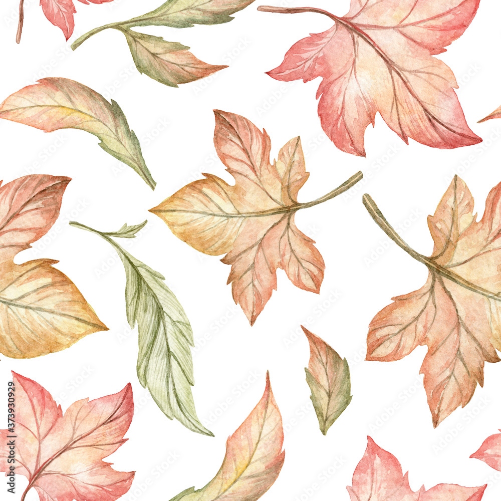 Seamless pattern with hand painted watercolor leaves