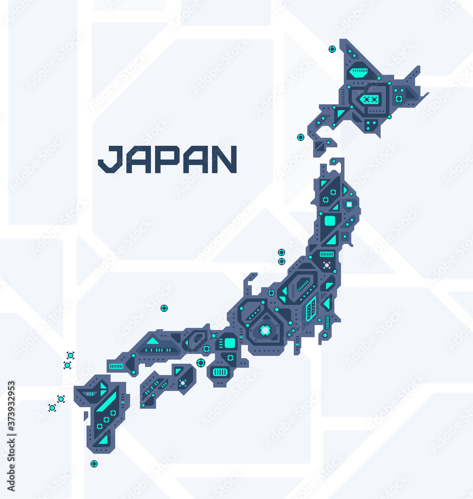 Abstract futuristic map of Japan. Mechanical circuit of the country. Technology space background. Abstract futuristic map of Japan. Mechanical circuit of the country. Technology space background.