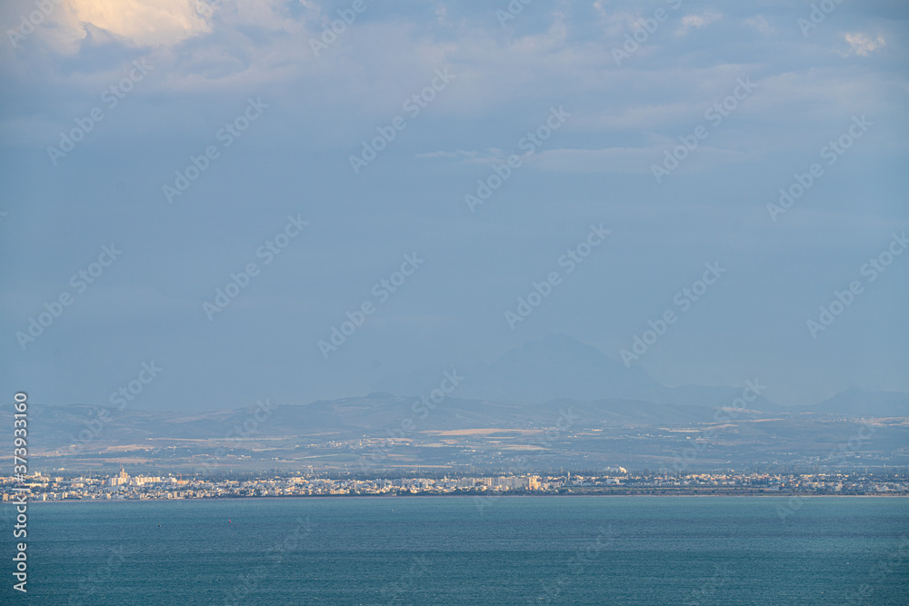 Panoramic view of seaside in Sidi Bou Said at sunset. Tunisia, North Africa