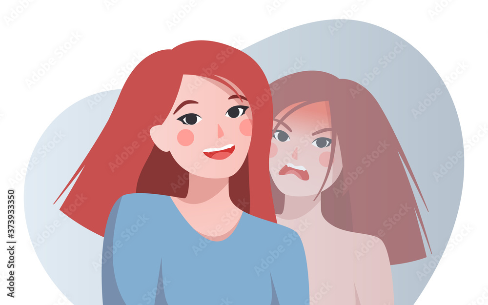 Female face is happy and angry. Split personality. Diagnosis of internal hatred. Bipolar disorder. Flat vector illustration of a redhead woman hiding her emotions.