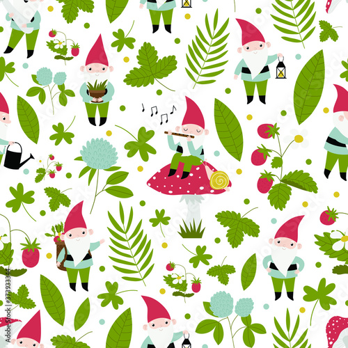 Seamless vector pattern with cute gsrdening gnomes.