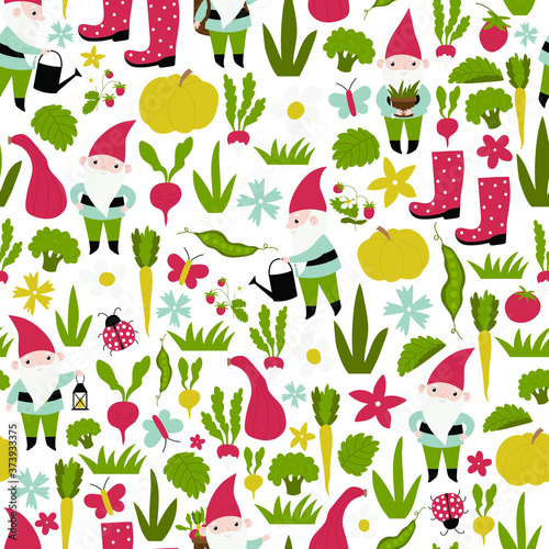 Seamless vector pattern with gnomes and vegetables.