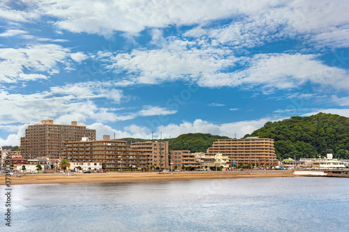 Coast of Miura Peninsula with palm fringed Kurihama beach in Yokosuka town facing the Uraga Channel off the Tokyo bay. photo