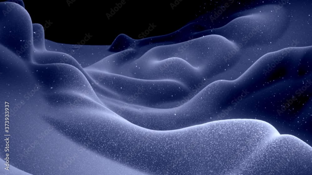 Stylish festive black bg. Fantastical abstract looped background, waves move on glossy surface like landscape made of liquid blue wax with sparkles. Beautiful soft background with smooth animation 4k