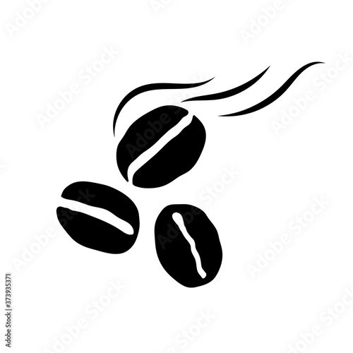 Black silhouette of coffee beans. Three coffee beans with aroma effect on a white background. Handmade vector graphics. Isolated objects.