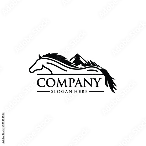 the horse ranch logo design concept, Mountain With Horse Vector Royalty Logo Design Inspirations