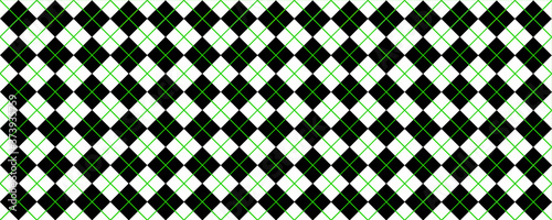 Black, green Scottish Argyle style. Diamond pattern. Retro argyle pattern Checkered texture from rhombus, squares Flat tartan checker print. Vector gingham and bluffalo check line. Christmas, xmass.