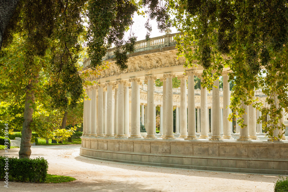 Beautiful colonnade and Architecture of Madrid in Spain in autumn, September
