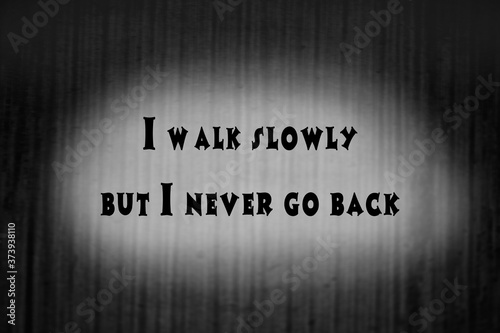 I walk slowly, but i never go back. Inspirational and positive text art illustration. Creative banner, trendy style excellent for printing.