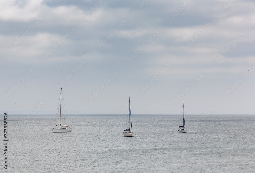 Several anchored sailboats resting on the sea to soon start a new journey