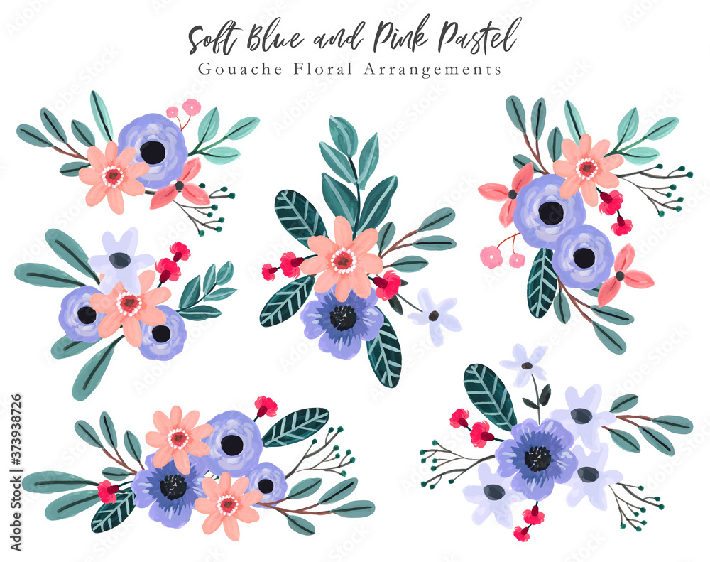 Soft Blue and Pink Pastel Floral Gouache Arrangements