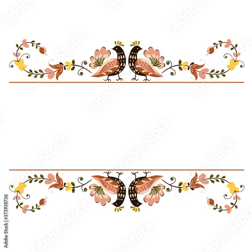 Vector floral ornament border with flowers and birds in russian folk art painting style