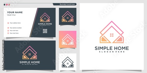 Home logo with outline gradient style and business card design template Premium Vector