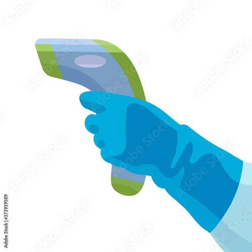 Body temperature check. Hand in medical glove holding infrared forehead thermometer. Cartoon vector illustration.