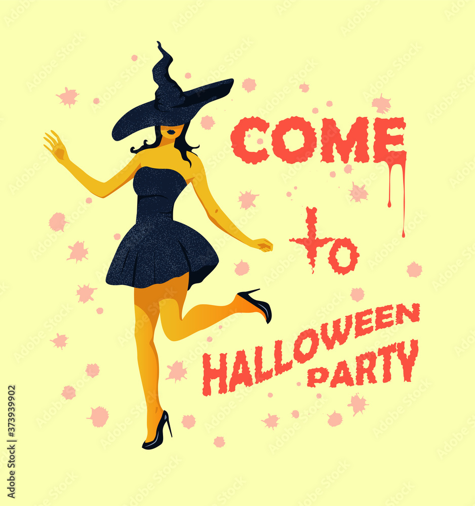 Fototapeta premium Elegantly dressed in evening dress adorable witch dances and invites you to a Halloween party. All Saints Eve concept card. Vector flat design illustration.