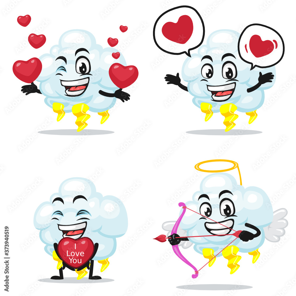 vector illustration of thunder cloud mascot or character collection set with love or valentine or love theme