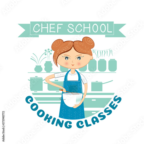 Logo of the culinary school, master classes in cooking. Sticker, sticker with a cartoon character - a young woman in the kitchen. Vector illustration isolated on a white background.