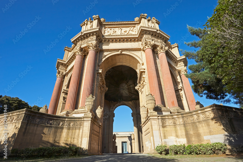 Architectural detail of the 'Palace of Fine Arts' in San Francisco at sunrise