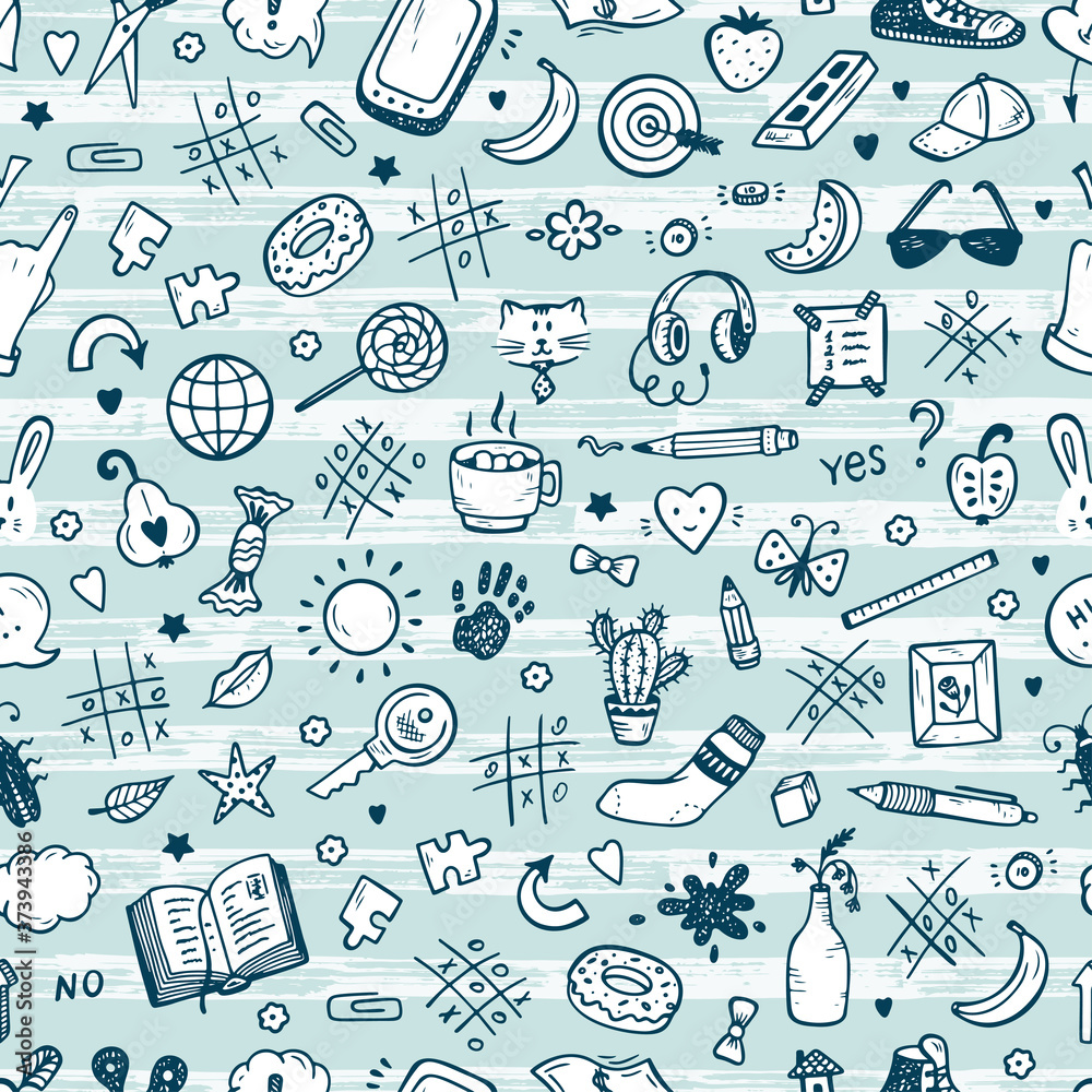 Workplace concept. Mess on the table Seamless Pattern. Messy desk. Hand Drawn Doodle Tic Tac toe, Stationery, Food and other items that are on desktop. Back to school. Vector background
Workplace concept. Mess on the table Seamless Pattern. Messy desk. Hand Drawn Doodle Tic Tac toe, Stationery, Food and other items that are on desktop. Back to school. Vector background
