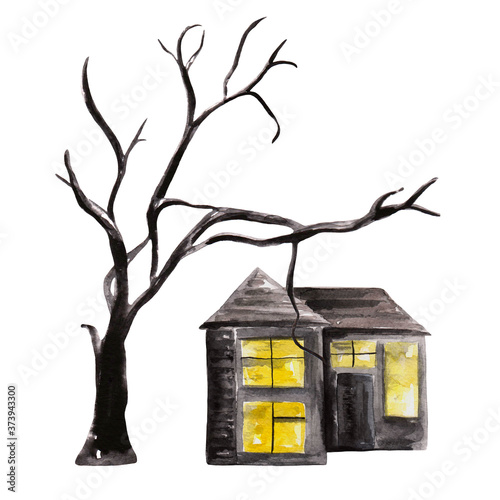 Watercolor hand drawn illustration of  tree silhouette and black haunted house isolated on white. Happy Halloween celebration postcard design. Premade template for greeting card.Trick or treat scene