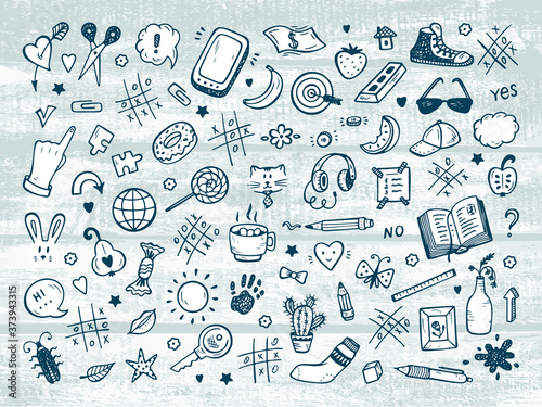 Workplace concept. Icons set. Mess on the table. Messy desk. Hand Drawn Doodle Tic Tac toe, Stationery, Food and other items that are on desktop. Back to school. Vector illustration
