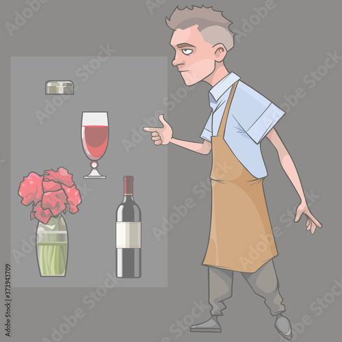 cartoon strict man in apron wine bottle wine glass vase of flowers