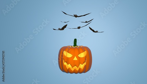 Pumpkin and bats, halloween concept 3d render