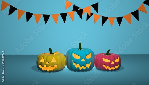 Three multi-colored pumpkins and a garland for halloween  3d render