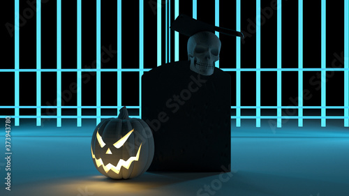Halloween horror concept. Tombstone, pumpkin and skull with neon light. 3d render