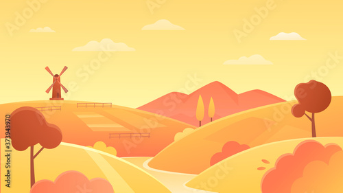 Agriculture farmland landscape vector illustration. Cartoon flat organic wheat farm fields on river bank  yellow rural round hills and wind mill on horizon  agricultural lands at sunset background