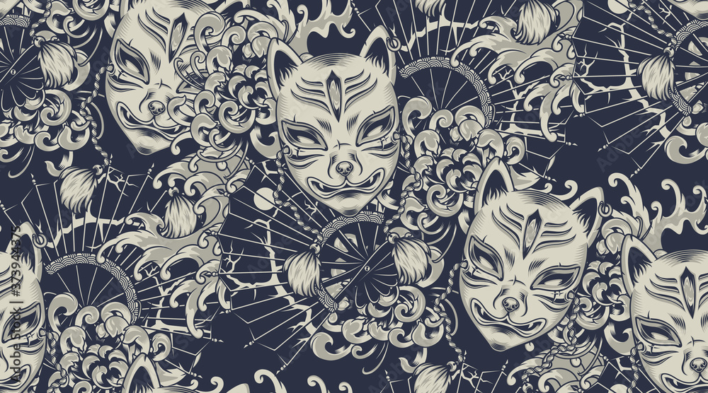 Monochrome pattern with a Kitsune mask on the Japanese theme. All colors are in a separate group. Ideal for printing onto fabric and decoration