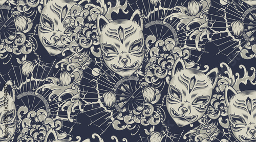 Monochrome pattern with a Kitsune mask on the Japanese theme. All colors are in a separate group. Ideal for printing onto fabric and decoration