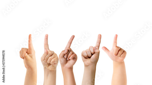 Pointing up. Kids hands gesturing isolated on white studio background, copyspace for ad. Crowd of kids gesturing. Concept of childhood, education, preschool and school time. Signs and senses.