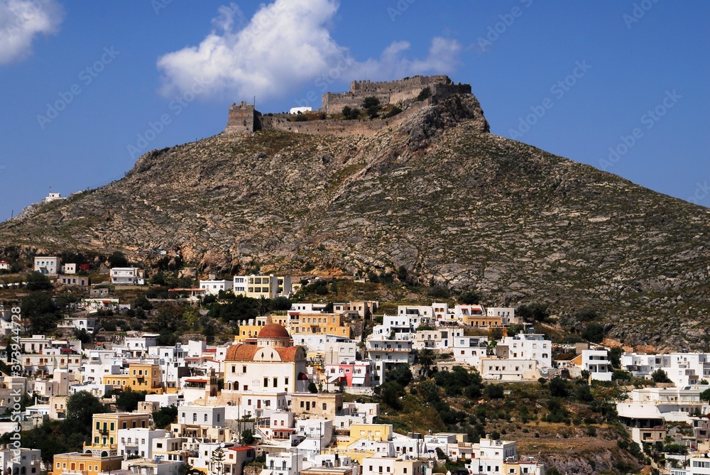 The town of Agia Marina with the ancient Venetian castle in the background in Leros island, one of Dodecanese islands in southeastern Greece.