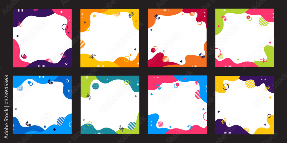 Dynamic Memphis style template collection. Set of abstract creative concept background for banner design or advertising with copy space for text. Modern trendy cute graphic illustration.