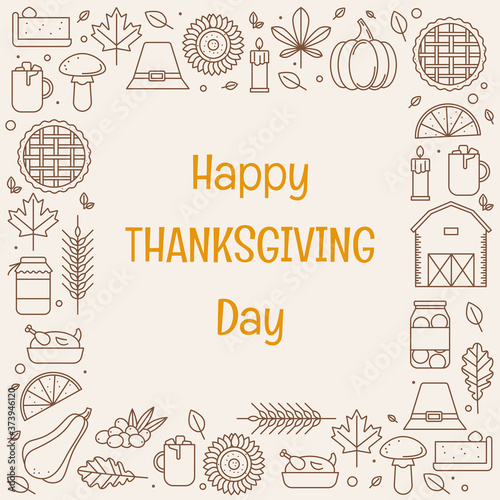 Happy Thanksgiving Day greeting card with frame of line icons. Vector illustration