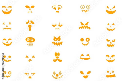 Halloween devil pumpkin face. Ghost mask symbolizes the Halloween festival. Orange Satan smile. Icon set. Isolated white background. © Kanthita