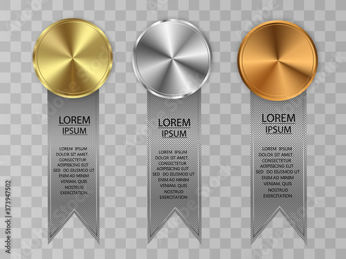 Set of gold, bronze and silver. Winner award competition, prize medal and banner for text. Award medals isolated on transparent background. Vector illustration of winner concept. photo
