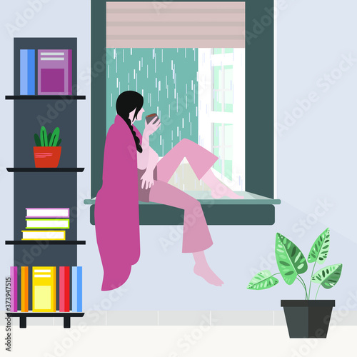 Woman sitting with a cup coffee at home near window, cute cartoon outline design illustration. It's raining outside.