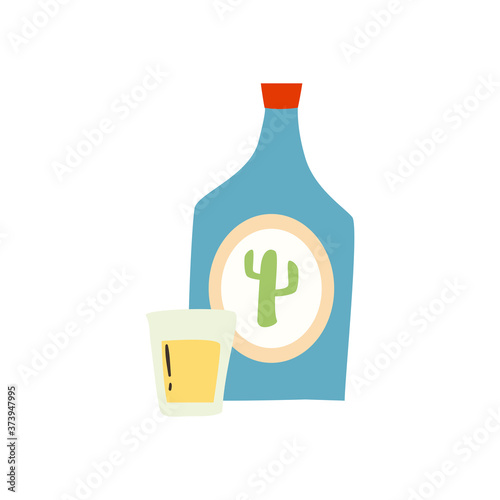 mexican tequila bottle with shot free form style icon vector design