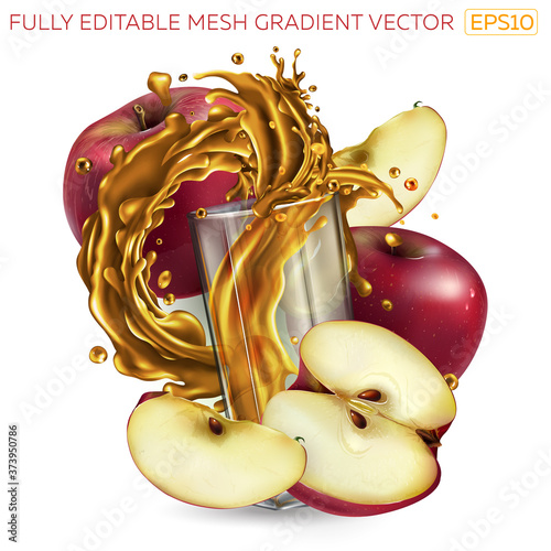 Splash of fruit juice in a glass among red apples.