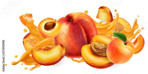 Splash of fruit juice and fresh peaches and apricots.