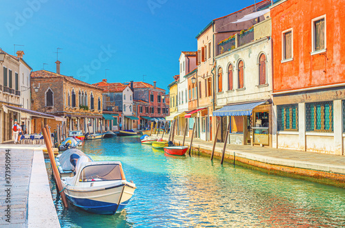 Canvas-taulu Murano islands with water canal, boats and motor boats, colorful traditional buildings, Venetian Lagoon, Province of Venice, Veneto Region, Northern Italy
