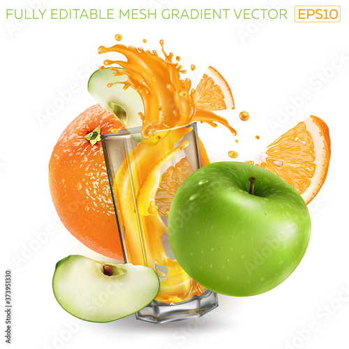 Orange, green apple and splashing juice in a glass.