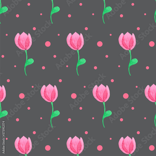 Seamless pattern with fantasy pink flowers. Hand drawn watercolor tulips. Spring illustration. Beautiful print
