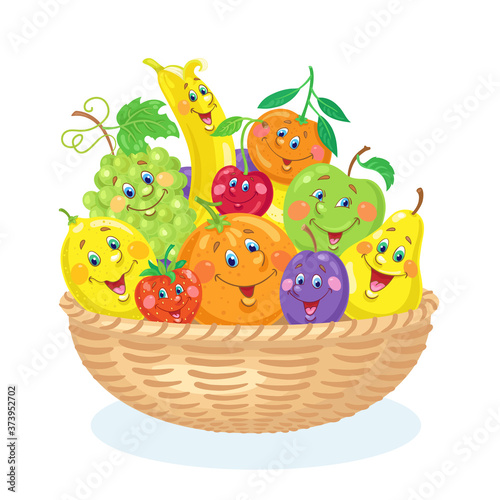 Big basket with funny fruits. Pear, tangerine, strawberry, banana, apple, orange, cherry, grape, plum, and lemon. In cartoon style. Isolated on white  background. Vector flat illustration.