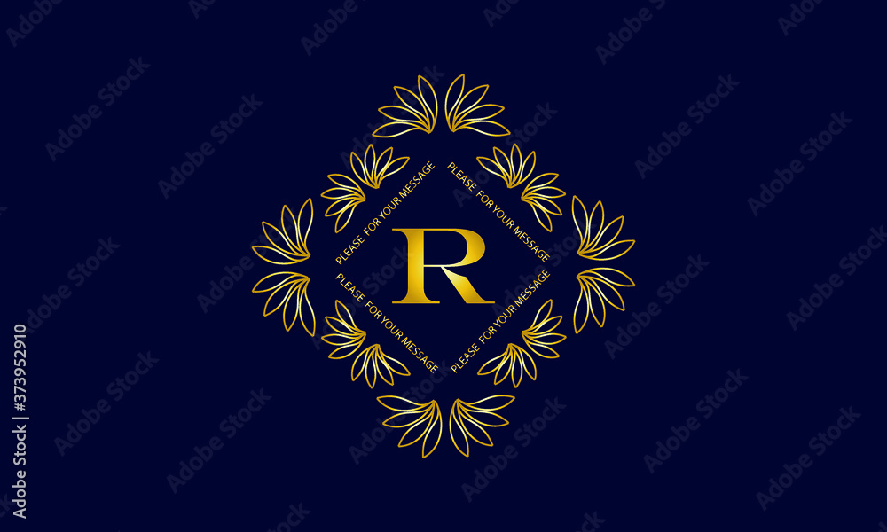 Graceful monogram with the letter R. Golden creative logo on a dark blue background. Floral vector illustration of business, cafe, office, restaurant, heraldry. Graceful monogram with the letter R. Golden creative logo on a dark blue background. Floral vector illustration of business, cafe, office, restaurant, heraldry.