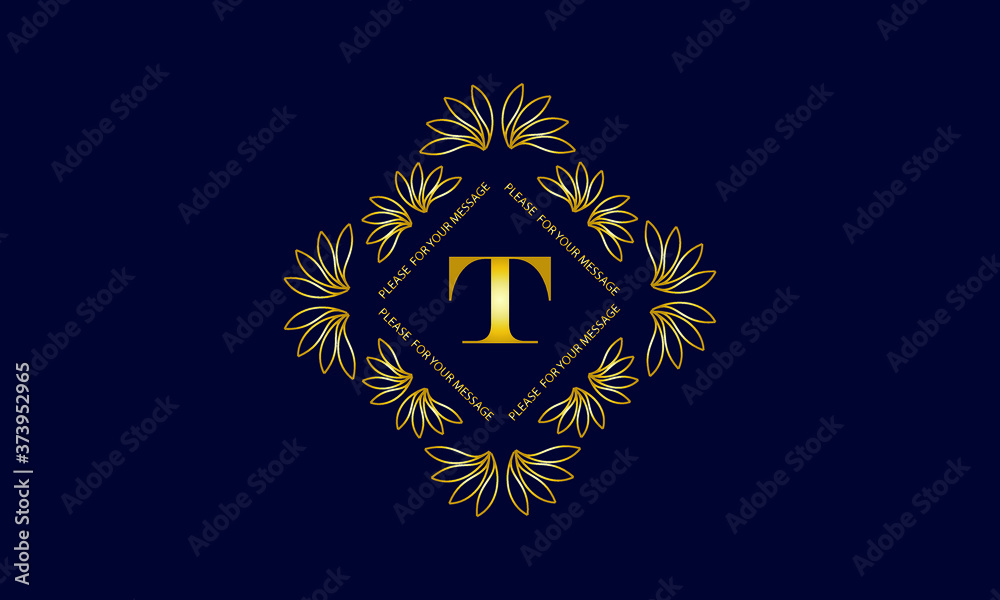 Graceful monogram with the letter T. Golden creative logo on a dark blue background. Floral vector illustration of business, cafe, office, restaurant, heraldry.